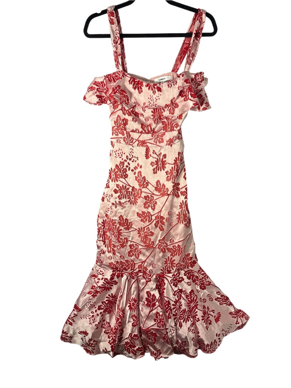 Likely light pink & Red Floral Shoulder Ruffle Maxi Dress